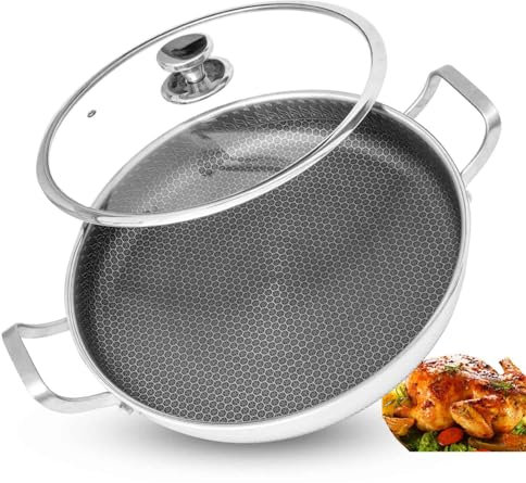 AUDANNE Poêle à frire avec couvercle, grande poêle à paella en acier inoxydable de 33 cm avec 2 poignées – Poêle à paella hexagonale pour induction – Noir 33 cm
