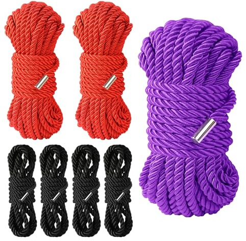 BAVIHOR Silk Rope, Skin Friendly Durable Soft Ropes, Multipurpose Long Rope Nylon Satin Braided Twisted, 8mm Thick (Length：4x8ft Black+2x16ft red+32ft Purple)