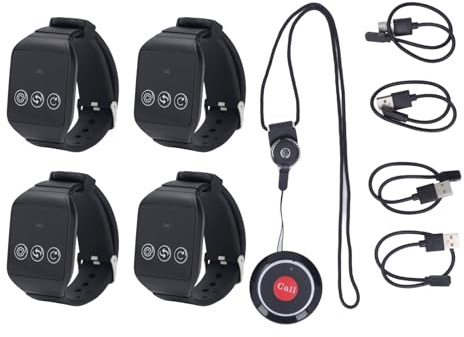 Système de Téléavertisseur sans Fil, Récepteur 4 Montres, 1 Bouton D'appel, étanche, Applications Multiples, Longue Durée de Vie de la Batterie, Longue Portée, avec 4 Canaux,