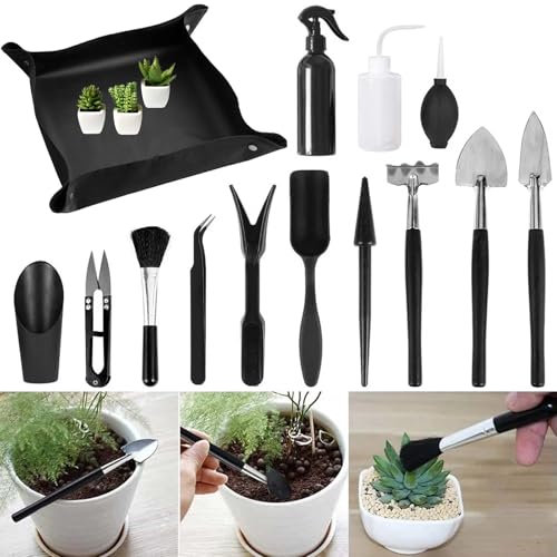 Lunaanda Gartenwerkzeug Set, 13 Stück Mini Pflanzen Werkzeug Set und Faltbare Pflanzmatte 100x100cm Umtopfmatte, Garten Umpflanzwerkzeug Set Miniatur Bonsai Werkzeugset für Innenbereich Außenbereich