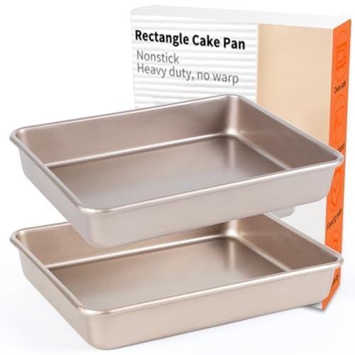 Barlket Rectangle Cake Pan, 9x11 Baking Pan, Deep Bread Pan Nonstick, Toaster Oven Tray Bakeware for Brownies, Heavy Duty, 11x9x2 Inch, Pack of 2, Gold, Easy Release