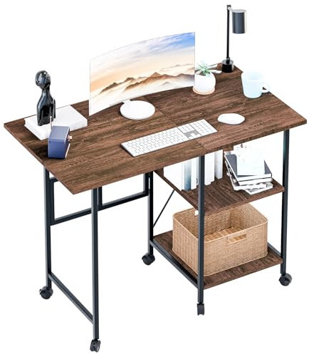 Makamsui Klappschreibtisch mit 2 Bücherregal-Design, mobiler Heimbüro-Schreibtisch, Arbeitszimmer, Schreibtisch mit Rollen, platzsparender, kompakter Schreibtisch für Wohnheim, Wohnung,