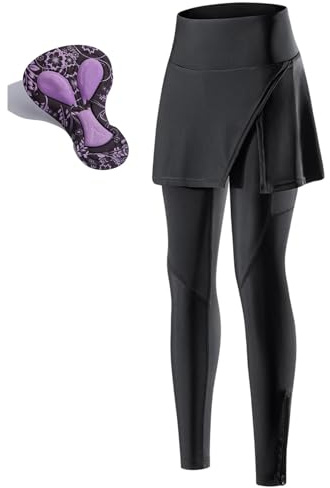 Radlerhose Damen Lang Gepolstert mit Rock, Fahrradhose Frauen Leggings High Waist Fahrradrock Atmungsaktiv Schnell Trocknend Radhose mit Tasche(XL)
