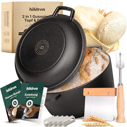 HILDRON Pentola in ghisa per il pane con cestino per la lievitazione, coltello da forno e raschietto – 26 cm stampo per il pane con coperchio – set completo per il pane – ideale per la cottura, la