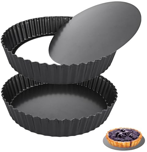 LOLYSIC 2 Pcs Deep Quiche Tins with Loose Bottom, 28cm 11inch Non Stick Tart Tin Fluted Flan Tin with Loose Base, Carbon Steel 5.5cm Deep Pie Tin Quiche Dishes for Baking, Black