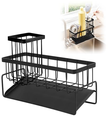 TOPCZY Sink Caddy,Kitchen Sink Organiser with Detachable Brush Barrel Black | Sink Tidy Stainless Steel Holder for Sink kitchen Sink Caddy Washing up,Sponge Holder Kitchen for Brush Dish Soap