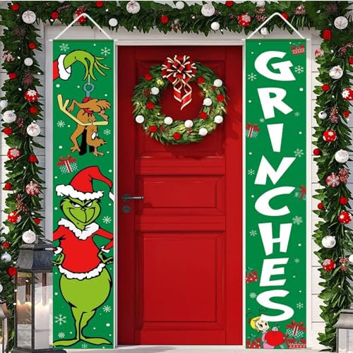 CCAIPU Green Christmas Decorations Door Cover Merry Christmas Door Decorations Grinch Banner Xmas Photography Wall Banners for Winter Holiday Home Garden