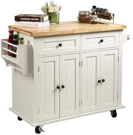 Kitchen Island Wagen mit Gewürzregal und Handtuchhalter, Allzweckwagen mit Schubladen und Rollen, Weiß, Küchenbar, Servierwagen mit Ablagefläche