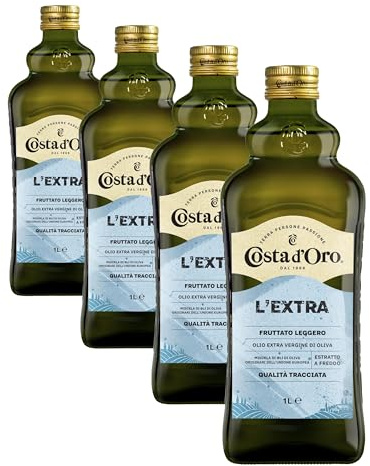 Costa d'Oro - L'Extra fruttato leggero 1L. Olio Extravergine di oliva estratto a freddo, gusto delicato e poco invadente. Bottiglia da 1 litro. (Confezione da 4)