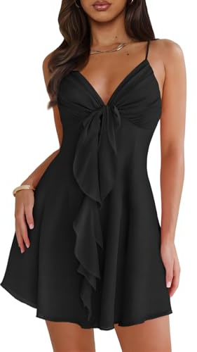 MIYIEONZ Women Sleeveless Sexy V Neck Summer Dress for Women Casual Flowy Beach Club Party Spaghetti Strap Mini Sundress Medium Black Short Dresses