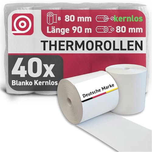 Gebongt24 Coreless Thermorollen 80 mm x 90 m – Kassenrollen ohne Plastik-Kern - BPA-freies 48 g/m² Thermopapier – 40 kernlose Rollen pro Karton – Umweltfreundlich & langlebig