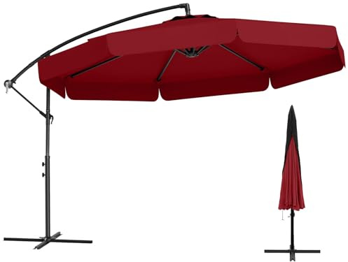 FANTASK Sonnenschirm 300 cm, inkl. Schutzhülle, Ampelschirm mit Kurbel und Volant, Neigungswinkel verstellbar, Gartenschirm, Marktschirm (Rot)