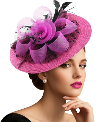 DRESHOW Mesh Damen Blume mit Perle Feder Fascinators Hut auf Einem Stirnband und Einem Gegabelten Clip Cocktail Tea Party Kopfbedeckung für Mädchen & Frauen Noble Kentucky Hut