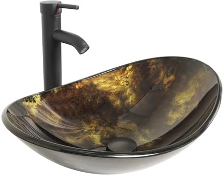YU YUSING Waschbecken Glas Aufsatzwaschbecken Waschtisch, Golden Oval | Hand Waschschale mit Wasserhahn Set, Waschplätze für Badezimmer Küche Gäste WC, Modern 53.3x35x16cm