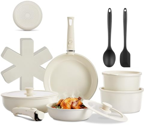 Bateria De Cocina 17 Piezas, Juego De Sartenes Antiadherentes, Sartenes Ceramica Con Asas Desmontables, Sartenes Ceramica Sin Toxicos, Apta Para Todo Tipo De Cocinas Incluida Inducción, Lavavajillas,