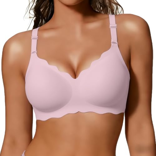 COCOMARTS Jelly Bras for Women No Underwire Wireless Push Up Bra Pink,XXL | Scalloped,Seamless Full Coverage Supportive Everyday Essentials Tshirt Bras, Soft Breathable Comfortable Bralettes