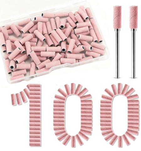 Små slipband band för delar nagelfräs, 3,1 mm 100 st mini 120 grit nagelfil slipband med 2 st mandrel bit, passar 99% nagelborrbitar, för akryl nagelgel borttagning, manikyr, rosa