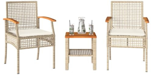 QJBSAVVA 3-TLG. Bistro-Set Beige 40x40 cm Tisch & 2 Stühle Poly Rattan Akazienholz UV-beständig klein platzsparend Gartenmöbel Balkonmöbel Sitzgruppe für Garten Terrasse Balkon