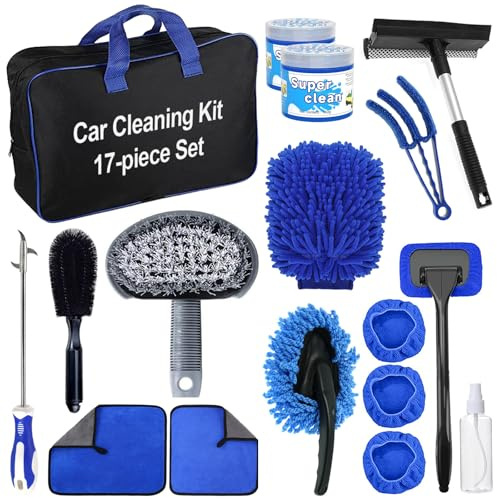 JNBGTU Pro Car Cleaning & Detailing Kit - 17Pcs Interior & Exterior Car Valeting Tools with Wash Mitt, Wheel Brush, Stone Hook, Squeegee, Microfiber Cloth, Stone Hook