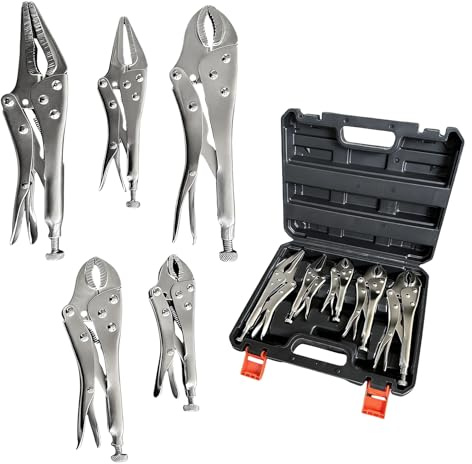 Mole Grips Set 5PCS,Locking Pliers & Vice Grips,Heavy Duty Steel Tool Kit | 5 7 10 Curved Jaw & 7 9 Long Nose Pliers Set,Adjustable Vice Grips,for Welding Metalwork DIY,Mechanics,Woodworking