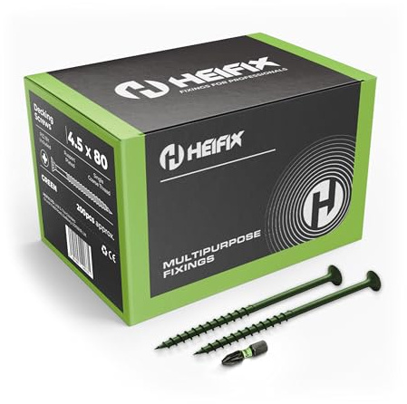 Heifix Decking Screws - 4.5 x 80mm, 200 QTY, Pozi, FREE Screw Bit