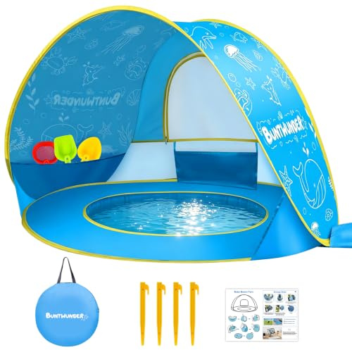 Herenear Pop-up Strandmuschel Baby, Strandzelt mit UV-Schutz 50+, Tragetasche & 4 Heringen, Leichtes Baby Strand Zelt für Sonnenschutz, Spielen & Entspannen am Strand, Garten, Camping (Blau)