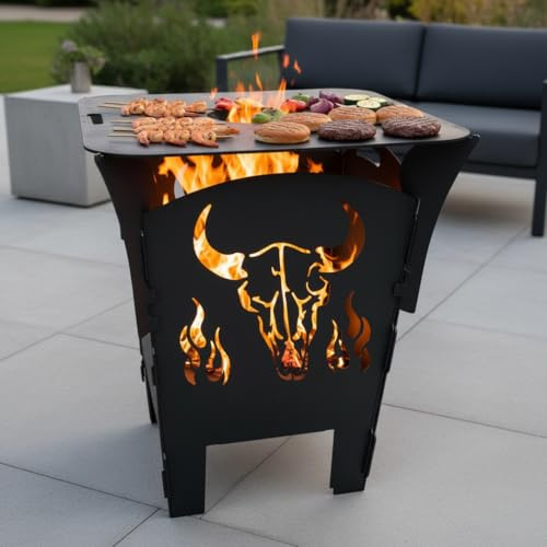 Terma 2in1 Feuerplattengrill Feuerkorb Feuertonne 80 cm Stahl massiv BBQ Stier Motiv Feuerstelle Garten Terrasse Outdoor zerlegbar Handmade Germany
