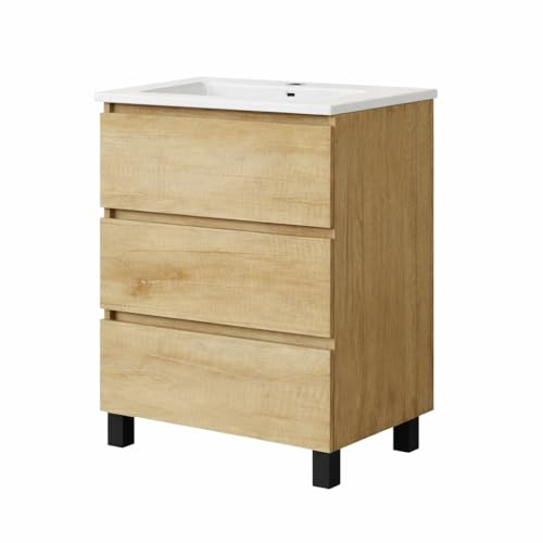 Baikal Mueble de Baño REN. 70cm Nature. Incluye Lavabo. Entrega Montado. Mueble con Patas. 3 Cajones con Cierre Amortiguado.