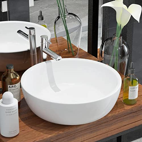 Weißes rundes Keramikwaschbecken 42 cm mit 4,5 cm Ablauföffnung, runde Waschbeckenform 42x12