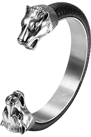Cupimatch Herren Armband Thor Hammer Leder Armbänder Schwer Kräftig Wolf Kopf Armreif mit Magnet Verschluss Armschmuck für Männer Jungen