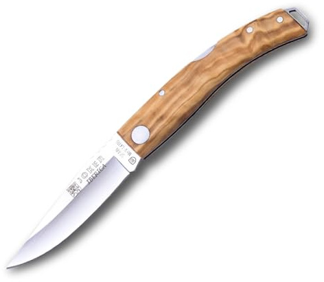 Joker Navaja Deportiva Ibérica NO138, Mango de Madera de Olivo, Hoja de 7,5 cm MOVA, Lomo dentado, Herramienta de Pesca, Caza, Camping y Senderismo