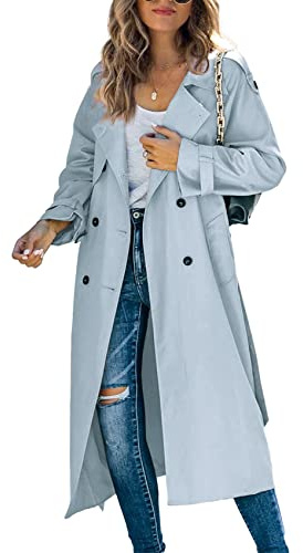 Makkrom Women's Double Breasted Long Trench Coat Windproof Classic Lapel Slim Overcoat with Belt