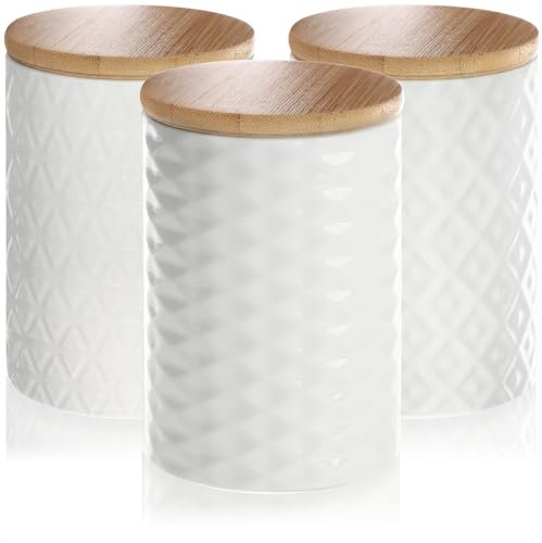 com-four® 3x Vorratsdose aus Keramik - Aufbewahrungsbox mit Bambus-Deckel - Keramikbehälter mit Relieff-Muster für Lebensmittel - vielseitig verwendbare Kaffeedose (weiß - 10x14cm - 3 Stück)