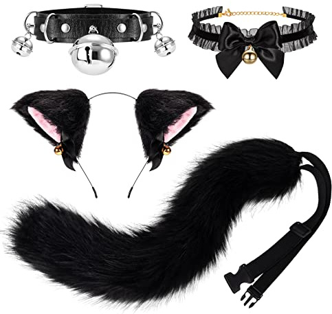 XEPST Katze Cosplay Kostüm Set, Schwanz und Ohren Set Faux Furry Fox Wolf Tail Kit mit Langer Fuchsschwanz und Ohren und Glockenkragen für Karneval Party Dekoration Kostüm Dressing Parteien