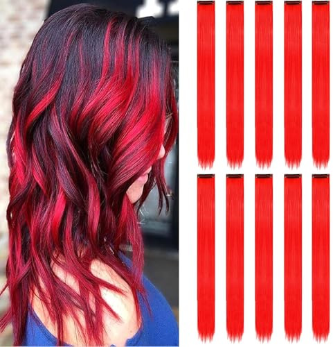 KHDULQ 10 Piezas Extensiones De Clip De Pelo Natural rojo Extensiones | Clip Mechas Pelos Extensiones De Pelo Fiesta Resaltar Rayas De Pelos De Colores,Regalo De Cosplay