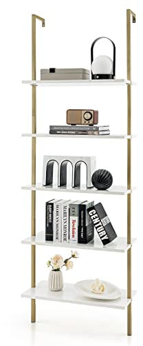 GOPLUS Étagère à Échelle 5 Niveaux, Bibliothèque Murale Ouverte 180 cm Structure Acier Doré Industriel, Support de Présentation, Étagère de Rangement,Étagère de Rangement pour Bureau (Or+Blanc)
