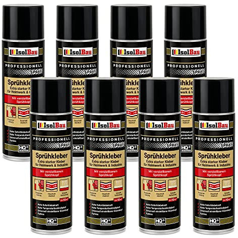 Isolbau Lot de 8 flacons de colle en spray 500 ml – Colle extra forte pour bricolage et industrie – Spray adhésif pour mousse, bois, tissu, cuir, feutre, etc