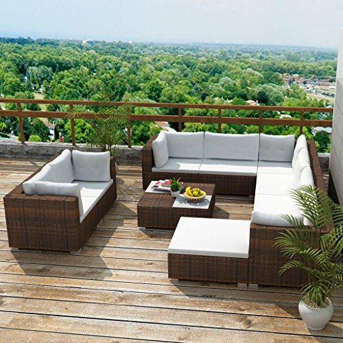 Homgoday 10-TLG. Gartenlounge Set mit Auflagen Gartenmöbel Sitzgruppe Sitzgarnitur Sofa Lounge Gartensofa Gartenset Rattanmöbel Sofagarnitur mit Tisch Poly Rattan Braun