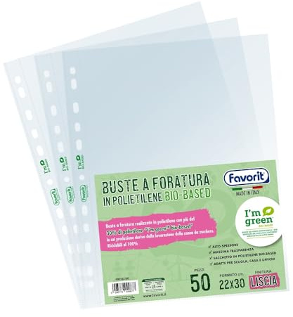 Favorit, Buste Perforate A4, 50 pezzi, 22 x 30 cm, Lisce e Trasparenti con Almeno il 30% di Polietilene Bio-Based, Alto Spessore