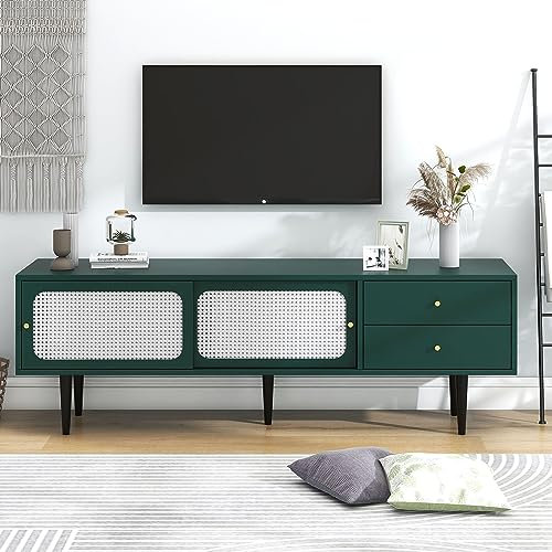 kubeier Meuble TV Lowboard TV, 160 * 40 * 60 cm, Meuble TV Buffet Centre de Divertissement avec 2 tiroirs, 2 Portes coulissantes en rotin, 4 Compartiments avec stratifié Mobile, Vert avec rotin Blanc