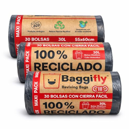 Baggifly, Müllbeutel 30L, 90 Stück, Extra Reißfest, 100% Recycelt, Mit Tragegriffen, Umweltfreundlich, Perfekt für den Haushalt, 3 Rollen à 30 Beutel, In Europa hergestellt