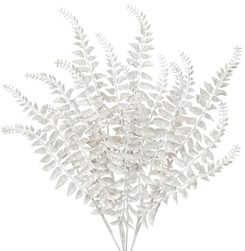 Oairse 68CM 4er Set Kunstpflanze Kunstzweig Weihnachten deko Glitzer, Weihnachten Blätter für Weihnachtsbaum Neujahr Ornamente, Künstliche Farn für Feiertags-Esstischdekoration, Weiß