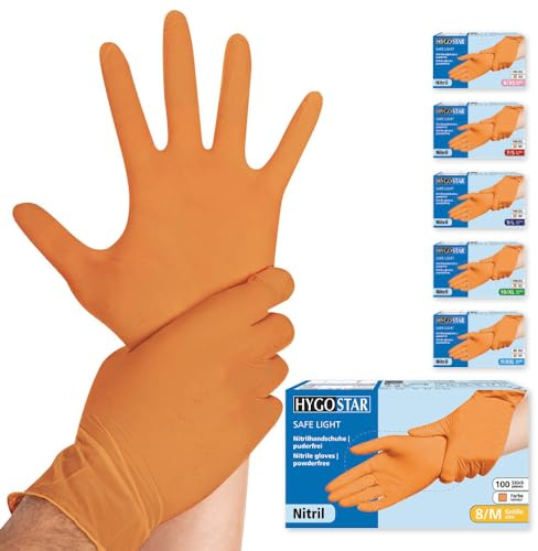 FRANZ MENSCH Hygostar Nitrilhandschuhe Safe Light | puderfrei, orange, 8/M, 24cm, 100 Stück, Einweghandschuhe, Einmalhandschuhe, in Gr. XS, S, M, L, XL & XXL verfügbar