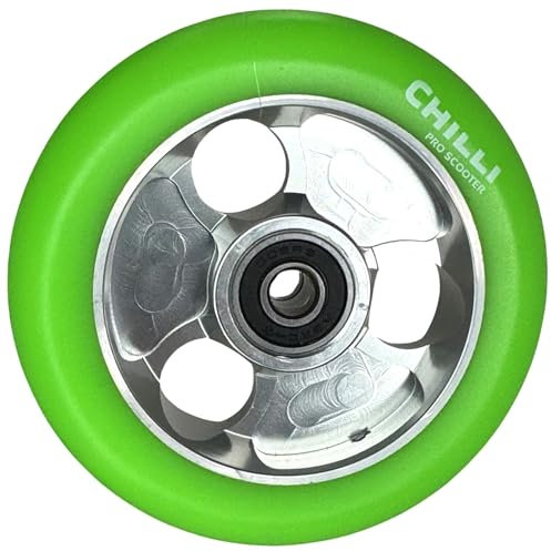 Chilli Pro Scooter Parabol CNC Stunt-Scooter Rolle 100mm I Trick I Tret I Roller I Wheel I Abec 9 Kugellager Silber/Pu Grün