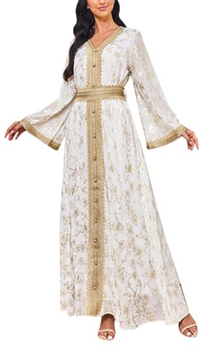 Frauen Muslim Kleid Maxikleid Spitzenbesatz Abaya Kleid Muslim Kaftan Ramadan für Ethnische, Abend, Party