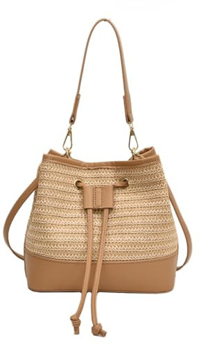 CRGANGZY Damen-Umhängetasche aus Stroh, PU-Leder, Beuteltasche mit Kordelzug, gewebte Strandtasche (braun)