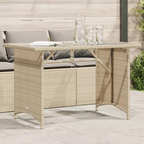 LAPOOH Gartentisch mit Glasplatte Beige 110x68x70 cm Poly Rattan, Terrassentisch, Esstisch Garten, Gartenesstische, Gartenmöbel, Außentisch - 366353