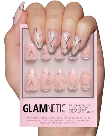 Glamnetic Press On Nails - Astro | Semi-Transparent 3D Metallic Silver Swirl Short Almond Fake Nails in a Glossy Finish | 15 Sizes - 30 Nail Kit with Glue