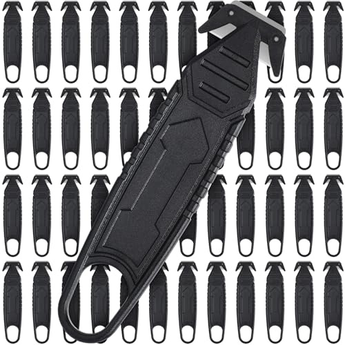Therwen 50 Pcs Safety Box Cutter Knife of Stainless Steel Concealed Blade Package Opener with Tape Splitter for Carton Cardboard Wrap Letter Work Bag Straps Film Utility Tool (Black)