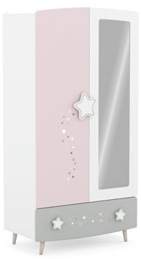 möbelando Prinzessin Kinder Kleiderschrank mit Himmelssternen und Ganzkörperspiegel, 2 Türen, 1 Schubkasten, 2 Kleiderstangen, Massivholzfüße - 89x185x50 cm (B/H/T), Rosa/weiß/grau #einfach zuckersüß